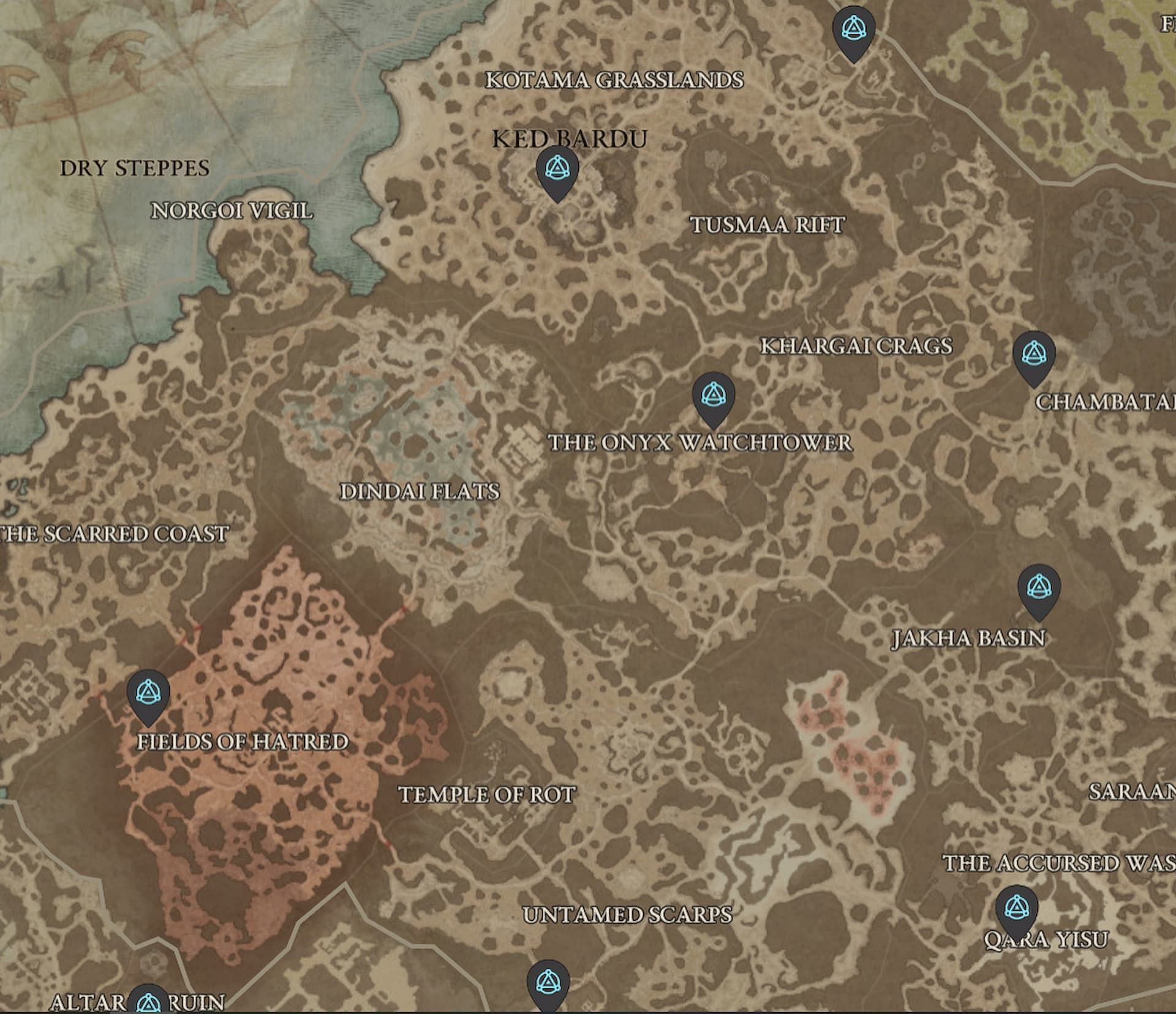 All Dry Steppes waypoints (Image via Mapgenie.io)